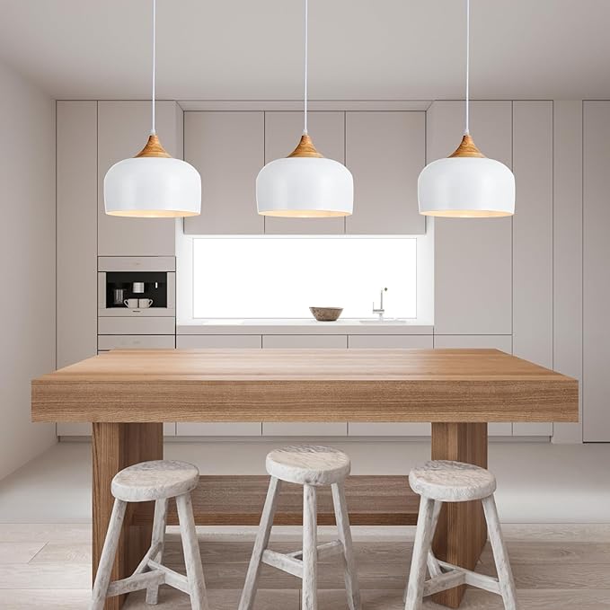 Modern Large Pendant Lights,Wooden Dome Pendant Light Fixture,Adjustable Hanging Pendant Lighting,ChandelierLamp for Kitchen Island,Dining Room,Hallway,Bedroom(White)