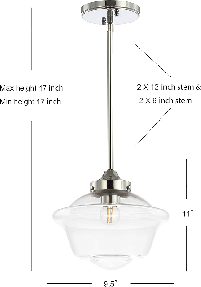JONATHAN Y 9.5" Chrome Modern Schoolhouse LED Pendant Light Fixture, Adjustable Drop Metal Hanging Lamp with White Glass Shade for Kitchen Island, Dining Room, Foyer (JYL3517B)