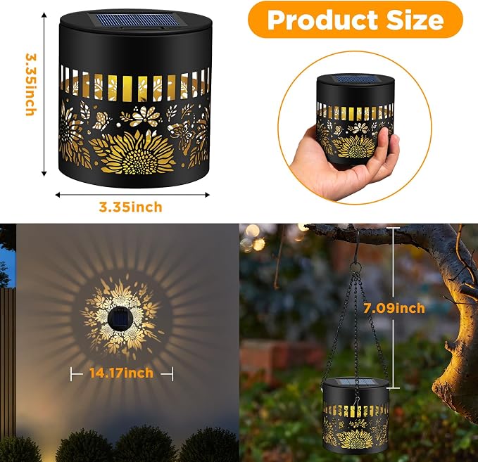 Forlivese 4 Pack Solar Lanterns Outdoor Waterproof, Sunflower Solar Garden Decor Gifts for Women Mom Grandma, Hanging Solar Fence Lights Metal Decorations Outside for Yard, Patio, Backyard, Porch