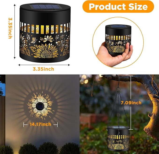 Forlivese 2 Pack Solar Fence Lights Outdoor, Metal Solar Powered Wall Deck Step Lights Sunflower Theme, Hanging LED Waterproof Decorative Lighting for Garden Patio Backyard Post Decor, Warm White