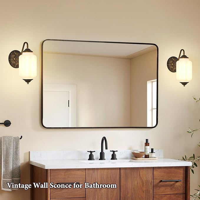 Vintage Milk Glass Wall Sconce - White Dimmable Indoor Wall Lighting with Bulb - Antique Embossed Brass Gold Sconces - Mid Century Vanity Light Fixture for Bathroom Bedroom Living Room Hallway Decor