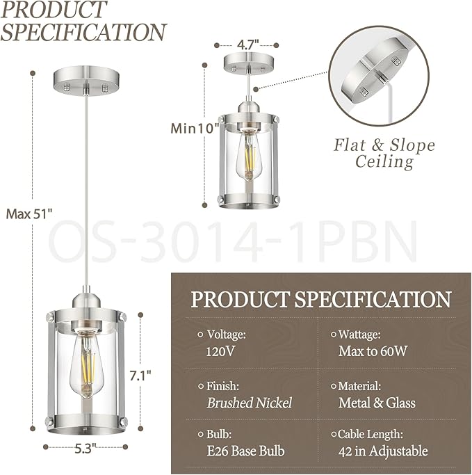 Brushed Nickel Pendant Lights Kitchen Island, 1-Light Modern Mini Hanging Light Fixtures with Clear Glass, Farmhouse Kitchen Pendant Lighting Over Island for Sink, OS-3014-1PBN