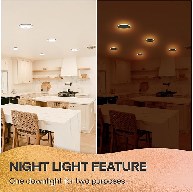 POWERASIA 12 Pack 4 Inch Black LED Can Lights with Night Light, 5CCT Retrofit Recessed Lighting Selectable 2700K-6000K Dimmable, 9W=55W, 630LM Downlight with Metal Smooth Trim - ETL and Energy Star
