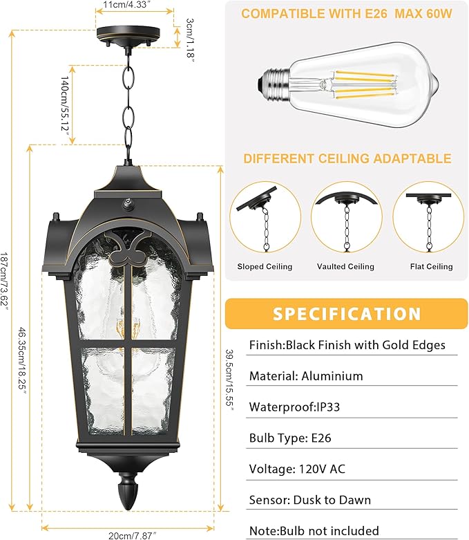 18" Outdoor Pendant Light Dusk to Dawn for Porch, Anti-Rust Aluminum Chandelier, Waterproof Exterior Hanging Lighting Fixture with Ripple Glass for Gazebo, Black with Golden Edge