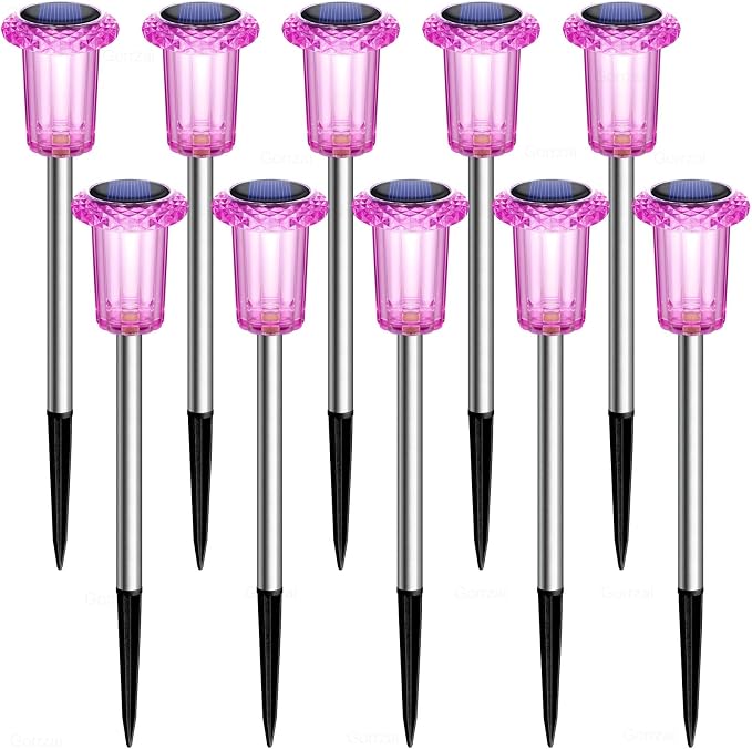 Solar Pathway Lights Gift for Mom 10 Pack Pink Solar Lights Outdoor Waterproof Yard Lighting, LED Stainless Steel Stake for Garden Outside Landscape Lawn Driveway Walkway Path