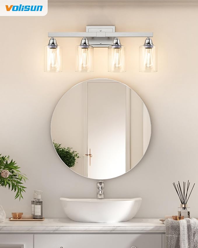 VOLISUN Brushed Nickel Bathroom Light Fixtures, 4-Light Bathroom Vanity Light Over Mirror, Modern Vanity Lights for Bathrooms, Bathrooms Lights Fixtures Over Mirror with Clear Glass Shades