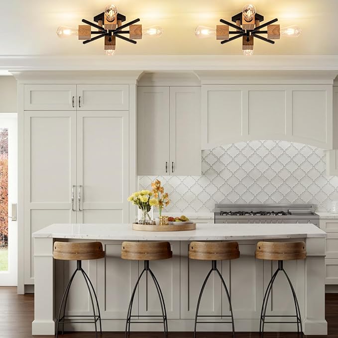 4 Light Sputnik Light Fixture Black Flush Mount Lights Industrial Ceiling Light Wood 22" Modern Farmhouse Ceiling Lights for Kitchen Bedroom Bathroom Foyer Hallway(E26,2Pack)