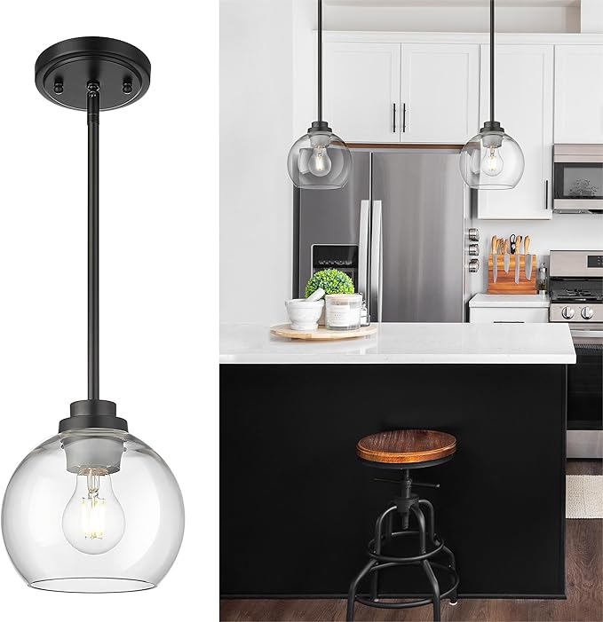 Pendant Lights Kitchen Island, 7" Modern Black Hanging Lights Fixtures with Clear Glass Globe Shade, Kitchen Island Lighting for Bathroom, AD-22280-1P-BK-C