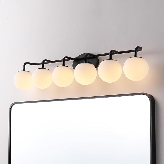 JONATHAN Y 40" Black Modern Globe Wall Sconce Vanity Light for Bathroom, White Frosted Glass Shade, Midcentury Parisian Bistro Wall Lamp, LED Bulb Included (JYL3560B)