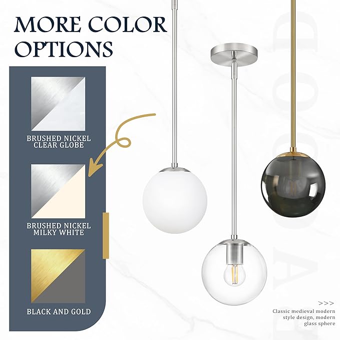 Bagood 6 Inch Globe Pendant Light Nickel Globe Pendant Lights Kitchen Island Mid Century Light Fixture with Milky White Glass Contemporary Adjustable Hanging Lights for Dining Room (Bulb Included)