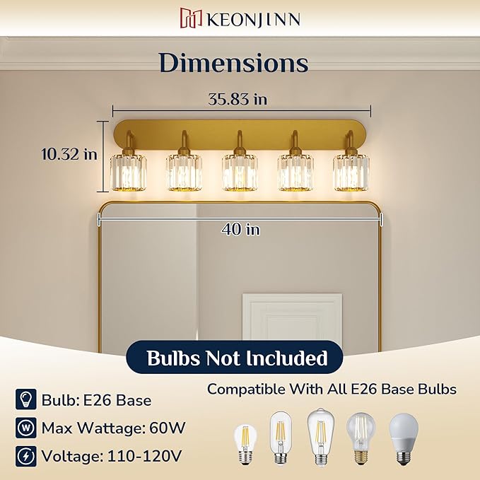 Keonjinn 5-Light Bathroom Light Fixtures, Crystal Gold Bathroom Vanity Lights Over Mirror, Vanity Lighting Fixtures with Crystal Square Shades (E26 Socket, Exclude Bulb)