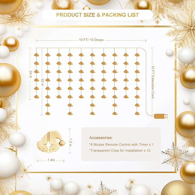 Santa Hats Curtain Lights, Warm White Window Lights 70 Hanging Light with Remote Fairy Led Twinkle String Lights Home Bedroom Wall Ceiling Décor for Christmas, Wedding, Party, Birthday