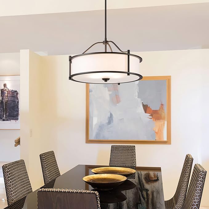 XiNBEi Lighting Pendant Lighting 18 inch 3 Light Drum Pendant Light with Fabric Shade and Glass Diffuser in Dark Bronze, Classic Convertible Drum Chandelier for Living & Dinning Room XB-P1199-DB