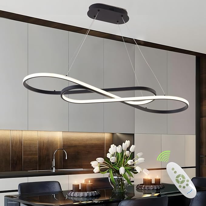 LED Chandelier,39.4inch Modern Led Pendant Light with Remote,Dimmable Black Chandelier for Dining Room,Adjustable Height 45W Aluminium Contemporary Ceiling Hanging Light Fixture for Kitchen