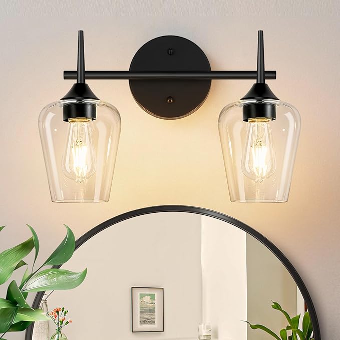MOKATNG 2-Light Bathroom Light Fixtures, Black Vanity Lights for Bathroom with Clear Glass, Bathroom Lighting Fixtures Over Mirror, Modern Wall lamp for Cabinet Hallway
