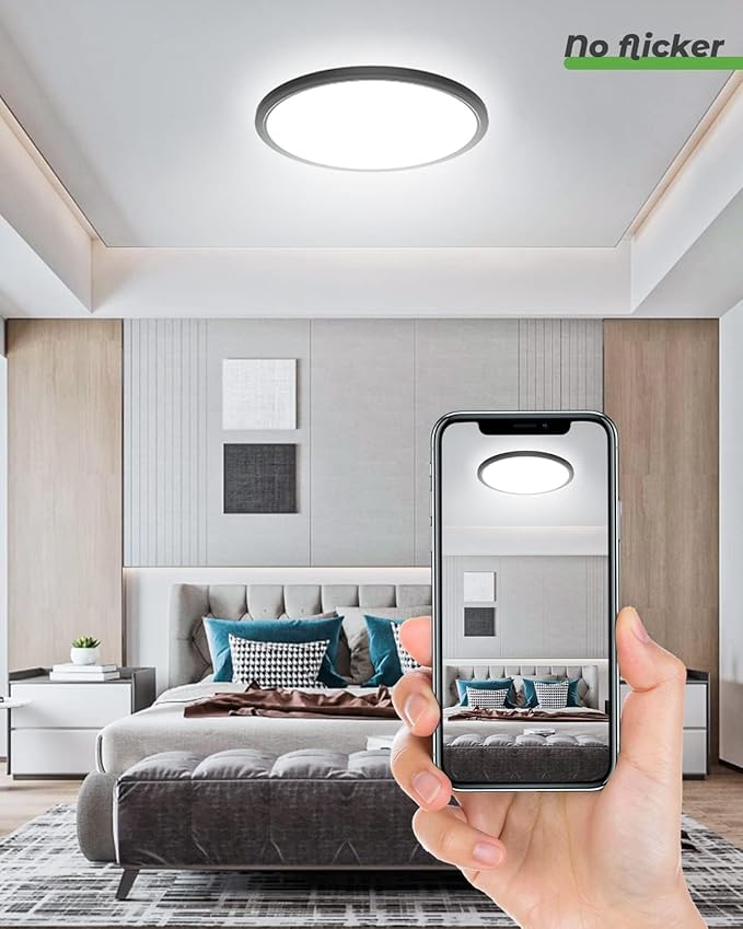 zemty 12Pack 12 Inch LED Flush Mount Ceiling Light, Super Slim 28W 3200lm LED Ceiling Light, 3 Color Temperature in One 3000k/4500k/6000K Round Light Fixture for Bedroom, Kitchen, Dining Room (Black)