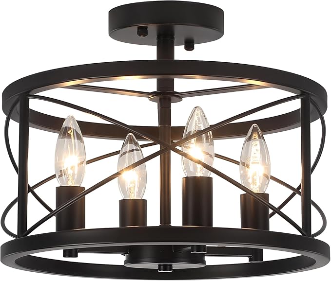 TOULMJ 4-Light Black Semi Flush Mount Ceiling Light, Farmhouse Modern Light Fixture, Hallway Light Fixtures Close to Ceiling Lighting Fixture for Kitchen Island Entryway Laundry Dining Room