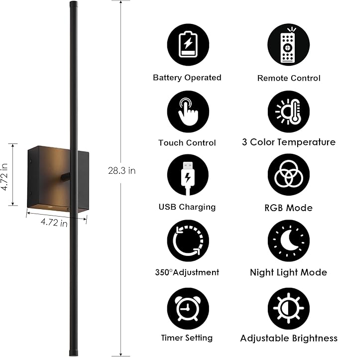 KARTOOSH 28.3 Inch 9 RGB Color Battery Operated Wireless Wall Sconces Set of Two, with Remote, Dimmable, Warm/Natural White/Daylight, Rotatable, LED Wall Light for Living Room, Bedroom, Black
