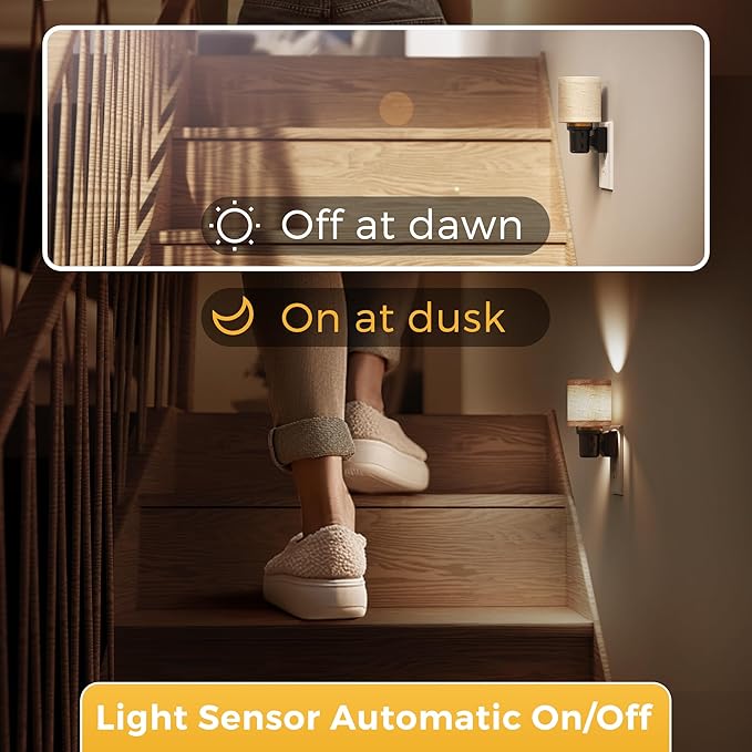 L LOHAS LED Night Lights Plug into Wall, 2 Pack Linen Fabric Cylinder Decor Night Light, Dusk to Dawn Sensor Vintage Nightlight, 5000K Daylight 0-100LM Dimmable, for Bedroom Living Room Hallway