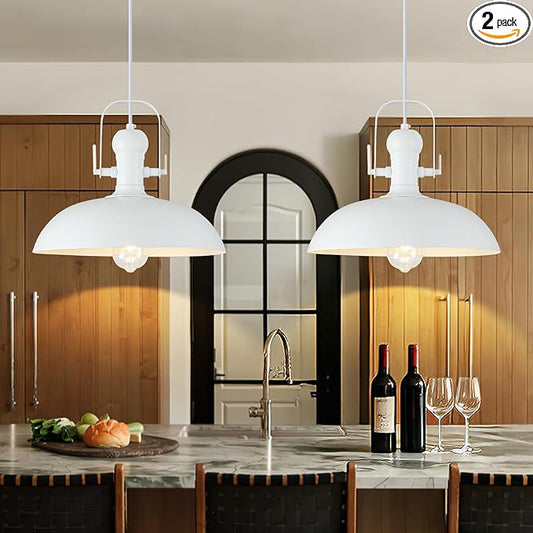 White Pendant Lights Kitchen Island 2 Pack, 13.8 Inch Dome Pendant Light, White Farmhouse Pendant Light, Industrial Pendant Lights for Kitchen Barn Hallway Porch Dining Room