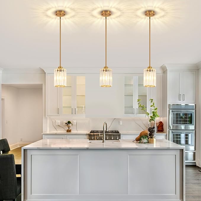 Brushed Gold Crystal Pendant Lights Kitchen Island, Modern Pendant Lighting Over Island Kitchen Hanging Light Fixtures Adjustable Mini Pendant Light for Dining Room Bathroom Entryway Hallway Foyer