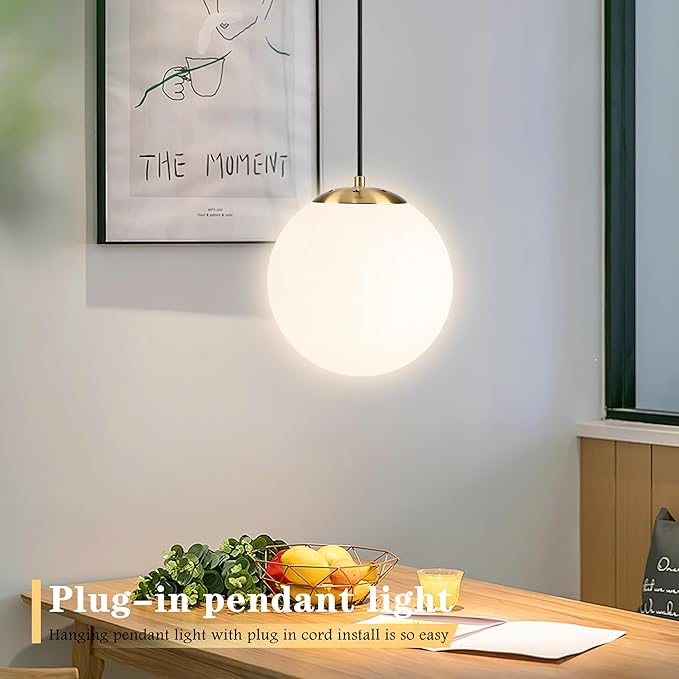 KoKo&Yukina 10" Globe Pendant Light Gold Plug in Pendant Light Adjustable Hanging Lights with Plug in Cord Brushed Gold Finished with Milk Glass Lampshade for Bedroom Kitchen Island（Bulb Included）