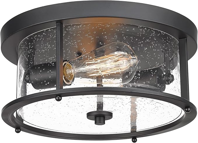 EAPUDUN Flush Mount Ceiling Light Fixtures, 12inch 2-Light Farmhouse Close to Ceiling Light Fixture with Seeded Glass Shade, Matte Black Finish for Porch, Entryway, Bedroom, Foyer,FMA1413-MBK