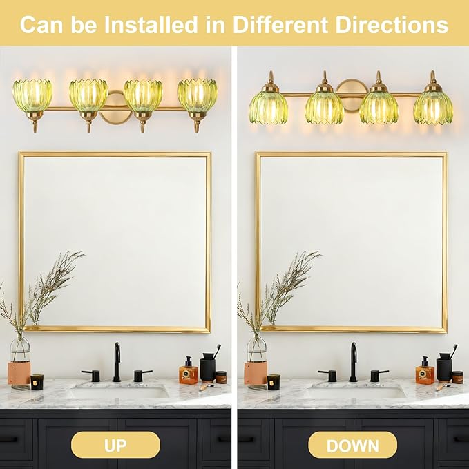 Vintage Bathroom Light Fixtures, Brass Vanity Lights with Green Tulip Glass Shade, Vanity Sconces for Bathroom Bedroom Living Room Hallway, 4-Light