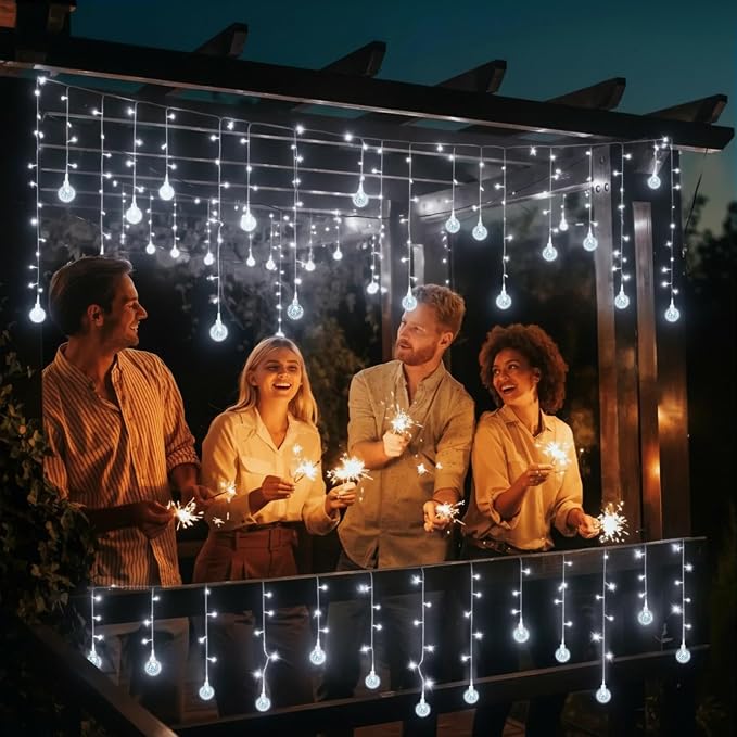 Christmas Globe Curtain String Lights 11.5ft 96LED Globe Crystal Ball Fairy Lights,Shatterproof Crystal Crackle Globe Window Lights W/Plug-in for Christmas Decoration Indoor Outdoor Bedroom