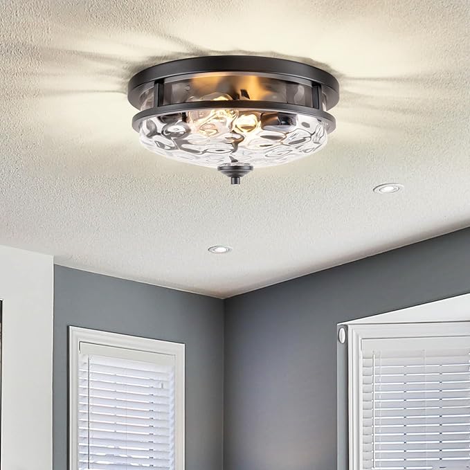 Flush Mount Ceiling Lights, 2-Light Farmhouse Close to Ceiling Light, Industrial Ceiling Lighting Fixture for Kitchen Hallway Bedroom Living Room Stairways Porch (Black)