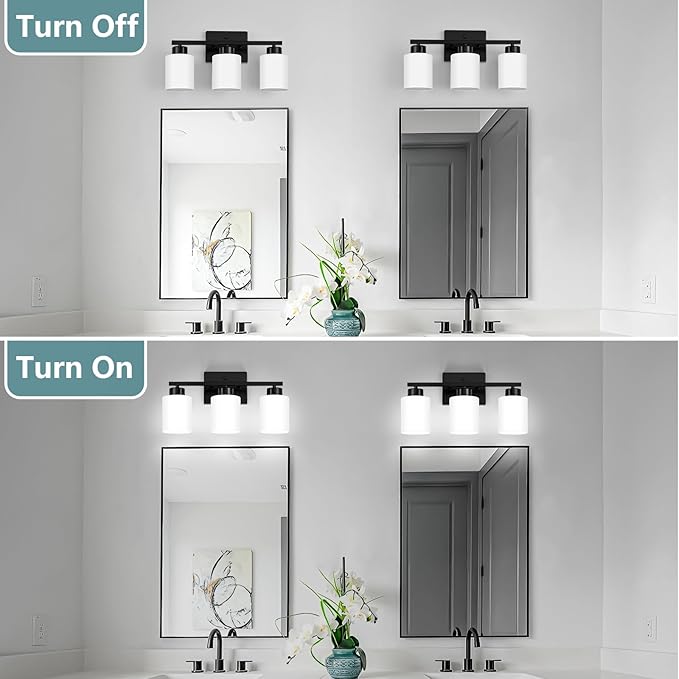 Black Bathroom Light Fixtures, 3-Light Modern Vanity Lights with Milky White Frosted Glass Shades, Wall Sconces for Mirror, Bathroom, Restroom (E26 Socket)