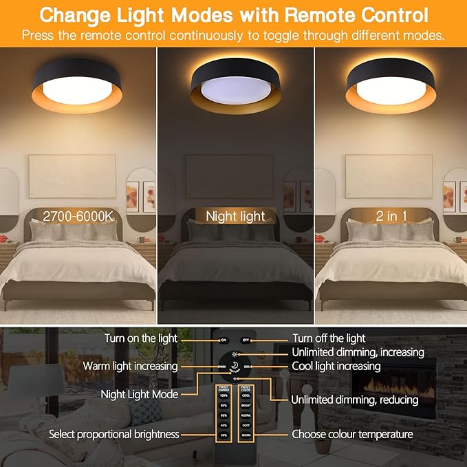 Bargeni Flush Mount Ceiling Light with Remote,Matte Black with Gold Inside,24W/2700K-6000K/with Night Light Mode,12.5 inch LED Flush Mount Light for Bedroom,Living Room,Kitchen