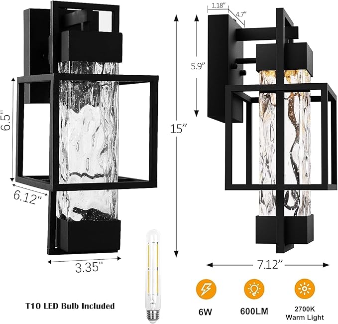 PARTPHONER Modern Outdoor Light Fixture Dusk to Dawn Outdoor Lighting, 15" H Exterior Wall Sconce Waterproof Porch Light, Outside Light for House with Water Glass for Garage Doorway(Bulb Included)