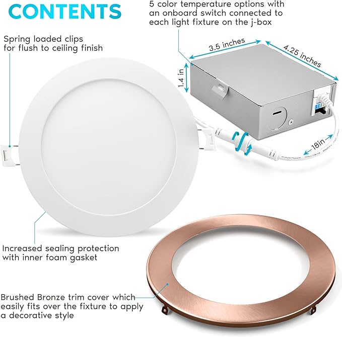 LUXRITE 6 Inch Ultra Thin LED Recessed Light with J-Box, 12W, 5 Color Options 2700K | 3000K | 3500K | 4000K | 5000K, Dimmable Wafer Light, 1000 Lumens, Copper Trim, Energy Star, IC Rated (4 Pack)