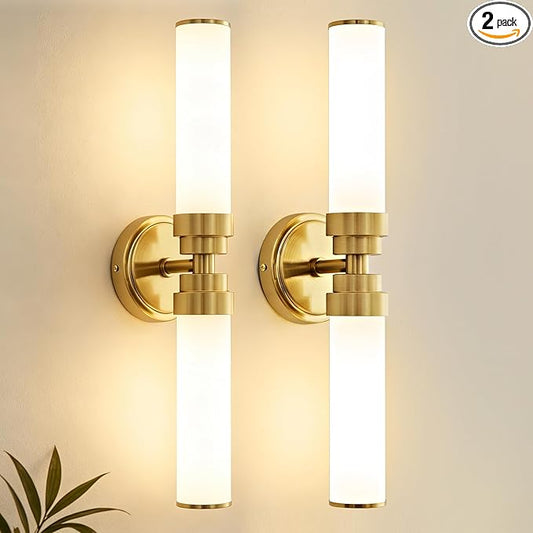 Bathroom Light Fixtures 2 Pack, Gold Wall Sconce with Milk Glass Shade, Modern Vanity Light Up and Down Sconces Wall Light - Bulb Not Included