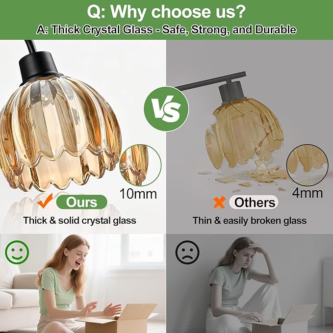 Bathroom Light Fixtures, 3-Light Black Vanity Light with Ribbed Amber Tulip Glass Shades, 20-Inch Bathroom Lighting Over Mirror for Bedroom, Living Room, Hallway (Bulbs Not Included)