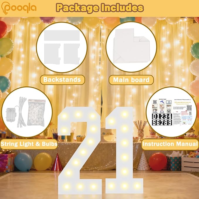 Pooqla 2.4FT Light Up Numbers, Marquee Numbers 2.4 Feet Tall Party Decor for Her Him, Mosaic Big Sign for 3rd 13th 30th Birthday Anniversary Decoration Backdrop, Large Pre-Cut Frame Number 3