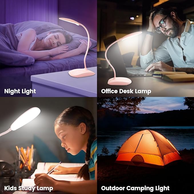 Battery Powered Desk Lamp, Portable Lamps Rechargeable 3 Color Modes Touch Control Stepless Dimming, Wireless Desk Lamp with 2000mAh, Small LED Table Light for Dorm Study Office Bedroom,Pink