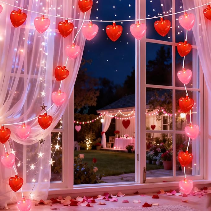 8.5Ft Valentines Day Decorations, Red & Pink Heart String Lights with 10 LED Clear Red and Pink Heart Lights, Connectable Romantic Valentine's Day Light for Wedding Valentine Anniversary Party
