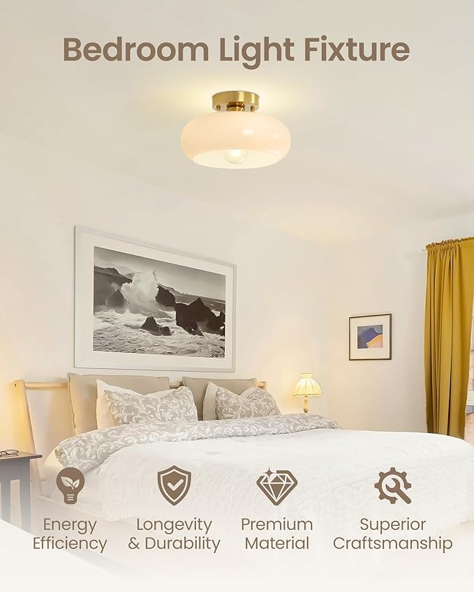 Yunnix Semi Flush Mount Ceiling Light, Gold Light Fixture, Mid-Century Modern Farmhouse Milk Glass Small Light Fixtures for Hallway, Bathroom, Kitchen, Bedroom, Living Room, Closet, Laundry(11 Inch)