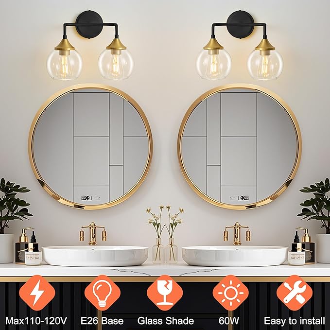 Black and Gold Bathroom Vanity Light with Clear Glass Shade, E26 Base, 2-Light Bathroom Light Fixtures Over Mirror, 14 Inch Vanity Lights for Bathroom (Exclude E26 Bulb)