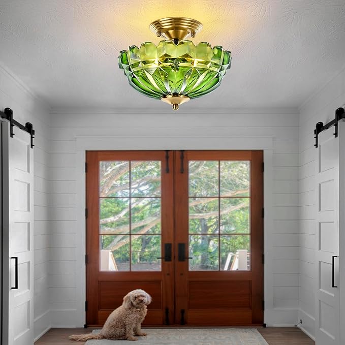 Semi Flush Mount Ceiling Light, 3-Light Kitchen Ceiling Lighting Fixtures with Green Glass Lampshade, Gold Modern Chandelier for Living Room Bedroom Hallway