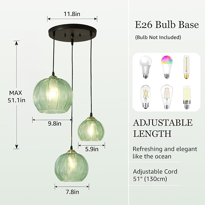 3-Light Glass Globe Light for Kitchen Island, Mid-Century Modern Pendant Ball Chandelier with Green Ribbed Lampshade, Vintage Hanging Ceiling Light Fixture for Dining Room, Over Sink, Table