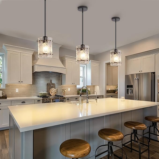 Black Glass Pendant Lights Kitchen Island, Water Ripple Round Pendant Lights Adjustable Modern Hanging Pendant Light Fixtures for Kitchen Island Dining Room Above Sink Foyer Entryway 2 Pack