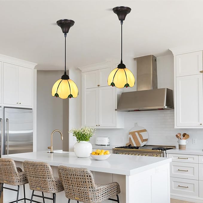 Tiffany Style Small Hanging Lamp, 8” Wide Stained Glass Pendant Lights, Antique Hanging Ceiling Lights for Kitchen Dining Room Hallway