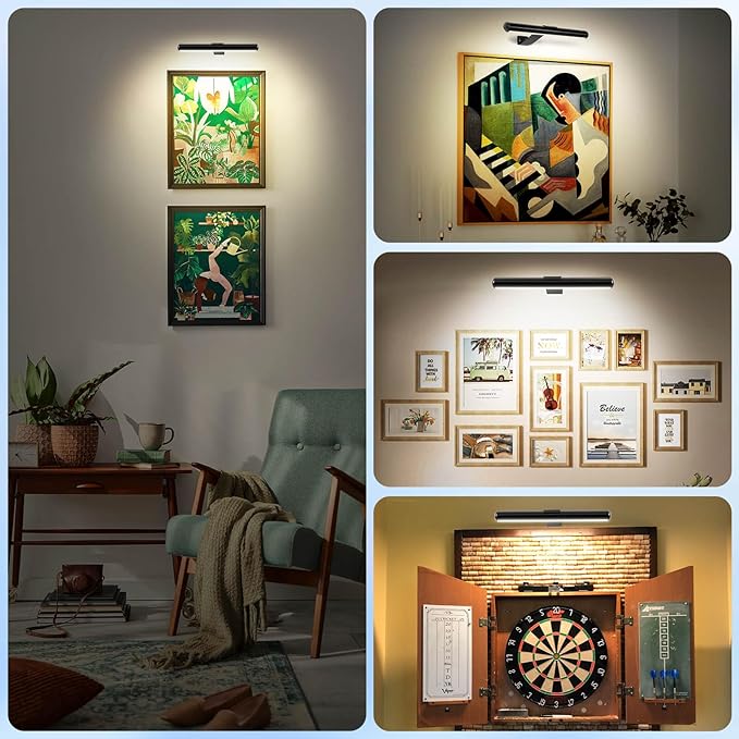TINTINDOC Picture Light Battery,Brightness Dimmable Timer Setting,Rechargeable Painting Light for Pictures Display Art on Wall with 3 Colors Lighting Remote,Used for Frames Dartboard Portrait