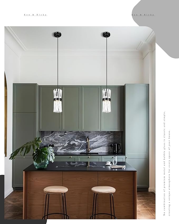 Ken & Ricky Crystal Pendant Light 3 Pack,Black Industrial Island Lights for Kitchen, Hanging Light Fixture, Adjustable Small Chandelier for Dinning Room Bathroom Bedroom