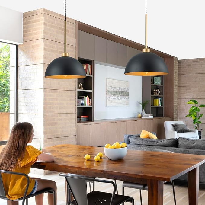 12 Inch Black and Gold Dome Pendant Light, Farmhouse Kitchen Island Lighting, Industrial Light Fixture for Dining Room Entryway Hallway, Height Adjustable
