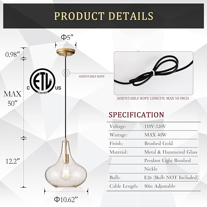 CATINER Handcrafted 11-Inch Mid-Century Modern Brass Gold Pendant Light with Seeded Glass Shade - Elegant Dining Room Pendant Light