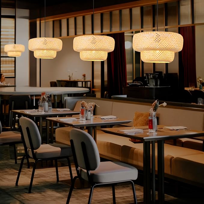 Farmhouse Bamboo Pendant Lights Hand-Woven Dining Room Light 13.78" Coastal Natural Wicker Pendant Light Rattan Hanging Lighting Fixture for Kitchen Island Living Room Bedroom Restaurant Foryer